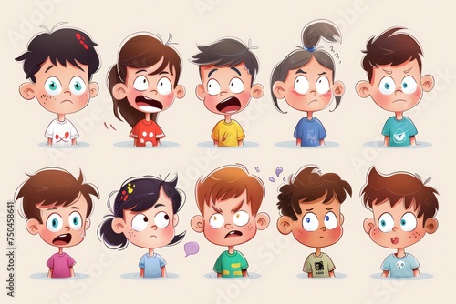 Cartoon children with various emotions, suitable for educational materials