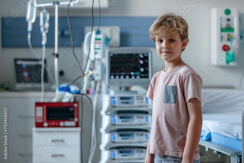 Child standing near medical equipment, suitable for healthcare concepts 