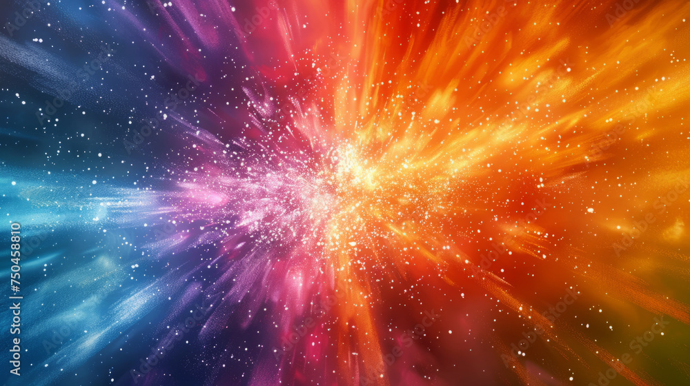 A vibrant explosion of colors resembling a cosmic event, featuring a dynamic burst of particles ranging from cool blues to warm oranges and reds against a deep black background