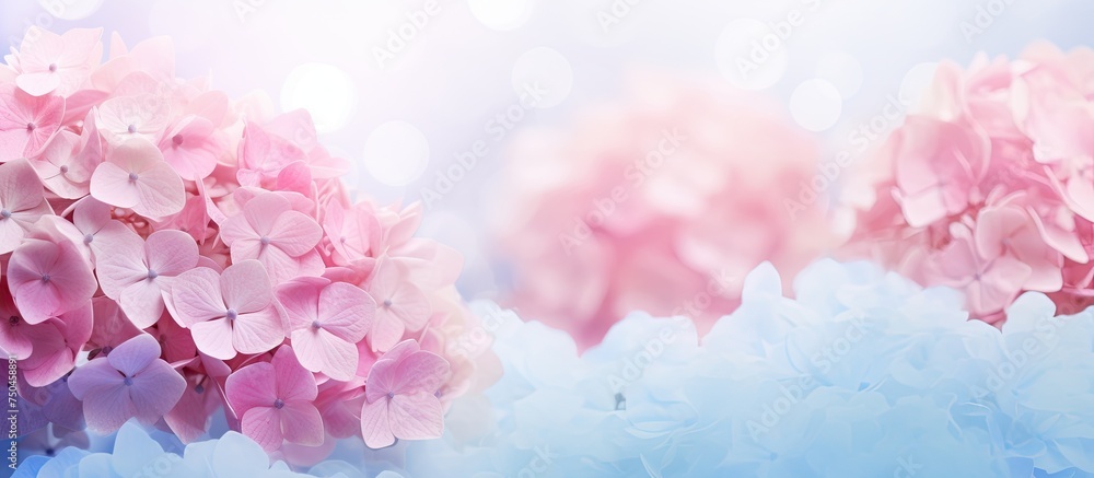 Ethereal Pink Hydrangeas Blooming on Delicate Blue and Pink Background