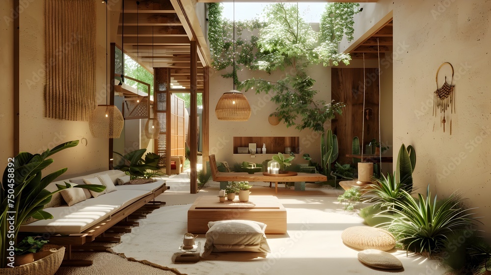 Fototapeta premium Cactus Courtyard Mexican Style Interior Design with Lush Green Plants