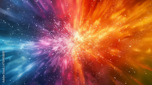 A vibrant explosion of colors resembling a cosmic event  featuring a dynamic burst of particles ranging from cool blues to warm oranges and reds against a deep black background