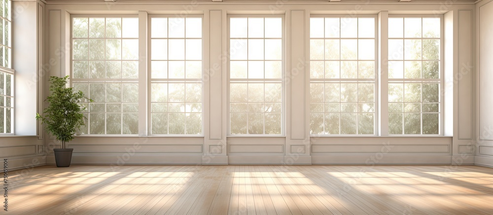 Fototapeta premium Serene Indoor Oasis with Sunlit Windows and Lush Potted Plants