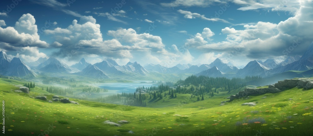 Tranquil Scene of Serene Green Landscape with Majestic Mountains and a Reflective Lake Tranquil Scene of Serene Green Landscape with Majestic Mountains and a Reflective Lake