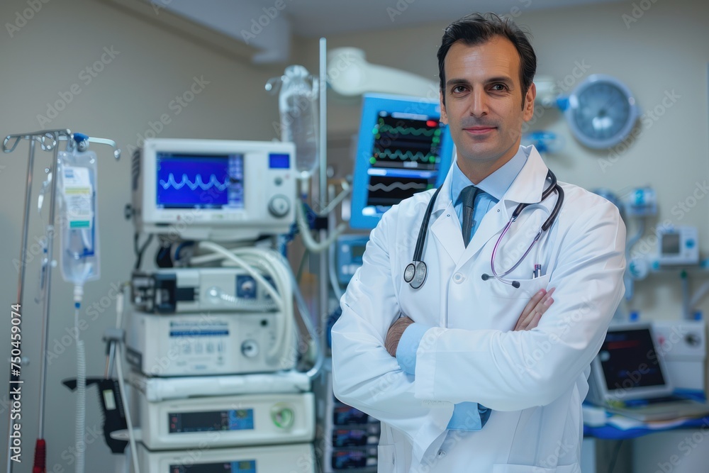Doctor standing near medical equipment, suitable for healthcare concepts Doctor standing near medical equipment, suitable for healthcare concepts