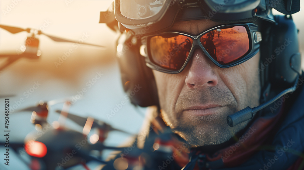 Shoulder portrait of army soldier, special forces fighter, modern warfare combatant with dirty, unshaven face, wearing sunglasses, combat helmet and talking in tactical radio headset during mission - obrazy, fototapety, plakaty 