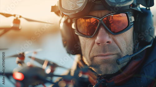 Shoulder portrait of army soldier, special forces fighter, modern warfare combatant with dirty, unshaven face, wearing sunglasses, combat helmet and talking in tactical radio headset during mission photo