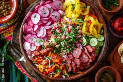 Fiambre, salad of Guatemala, Mexico and Latin America, served on large plate top view. Festive dish for All Saints Day (Day Of The Dead) celebration made of cold cuts, sausages, pickled vegetables. 