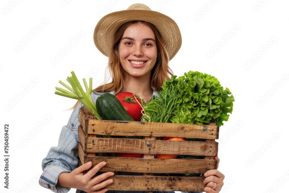 A woman holding a wooden crate filled with fresh vegetables. Ideal for food and agriculture concepts