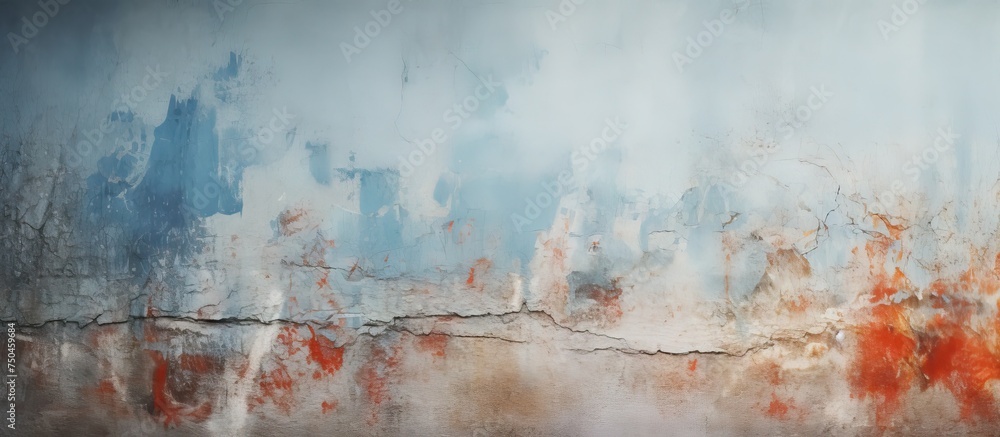 Vibrant Red and Blue Abstract Paint Splashes on Concrete Wall Texture