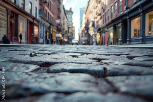 Cobblestone street in a European city, ideal for travel websites or historical articles © Fotograf
