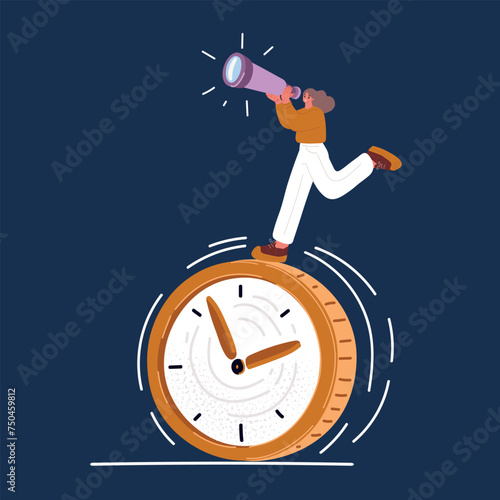 Cartoon vector illustration of woman with paper cup run on clock. Around the clock