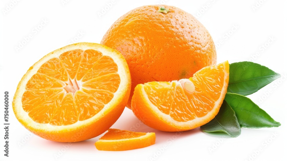 Fresh oranges with leaves on a white surface, perfect for food and nutrition concepts Fresh oranges with leaves on a white surface, perfect for food and nutrition concepts