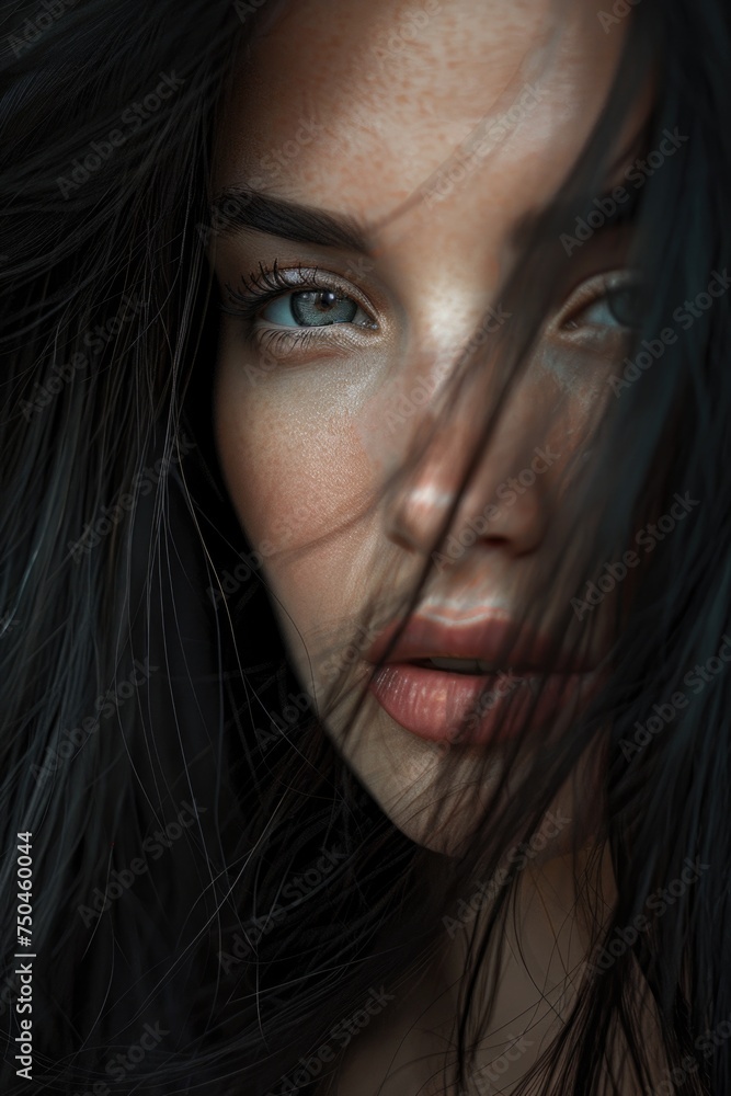 Fototapeta premium Close-up portrait of a woman with long black hair. Perfect for beauty and fashion concepts