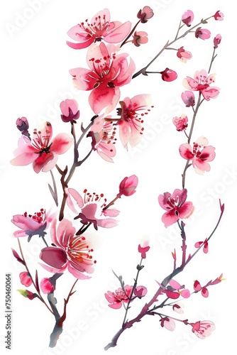 Watercolor painting of pink flowers on a branch, suitable for floral designs