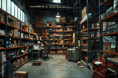 A room filled with boxes and shelves, suitable for inventory and storage concepts