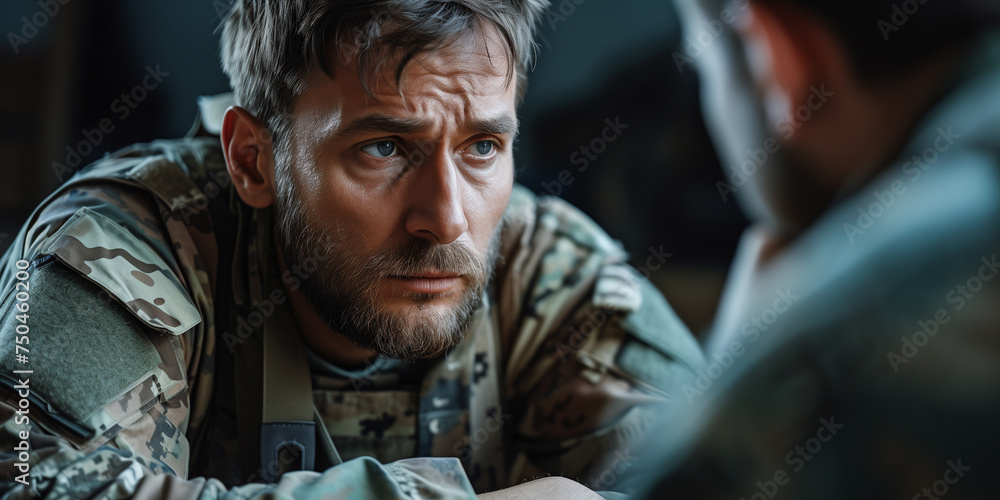 Image of war veteran after nervous breakdown during psychotherapy - obrazy, fototapety, plakaty 
