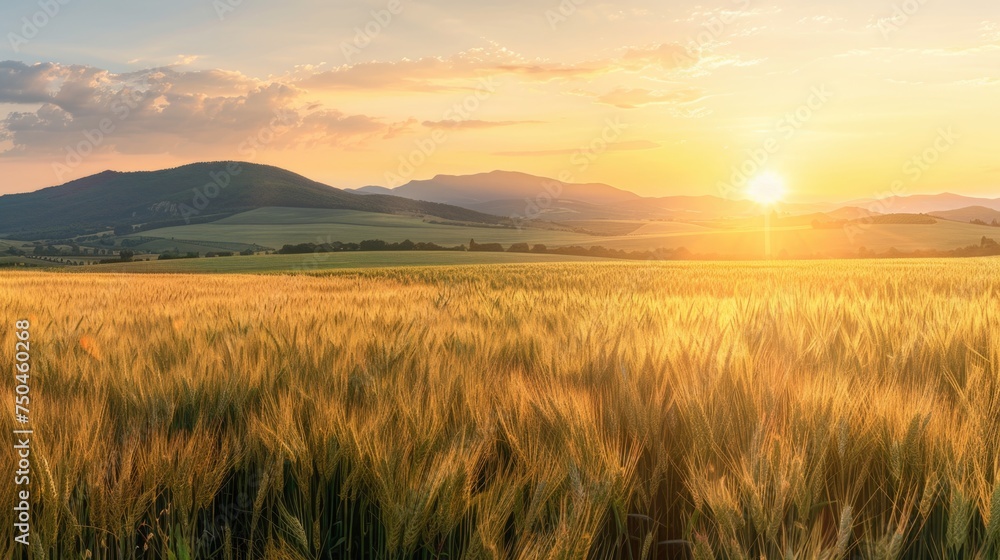 Beautiful sunset over a peaceful wheat field, perfect for nature and agriculture concepts