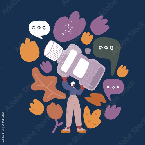 Cartoon vector illustration of big bottle with rinse aid for mouth in hand