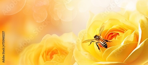 Vibrant Bee Collecting Pollen from a Lush Yellow Rose in a Summery Garden photo