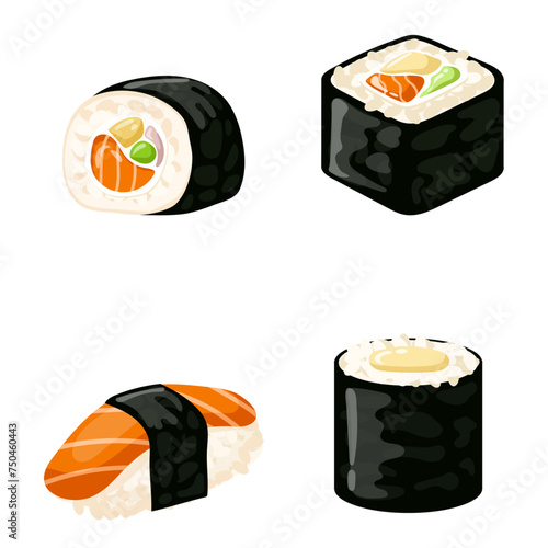 Sushi Rolls Elements Food, salmon, prawn, avocado, cream cheese. Sushi menu. Japanese food isolated on white Vector Illustration