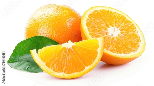 Fresh oranges with leaves on a clean white background. Ideal for food and health-related projects