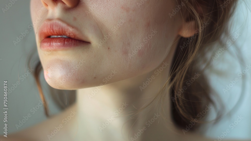 Obraz premium Close-up of a woman's face with bold red lipstick. Ideal for beauty and makeup concepts