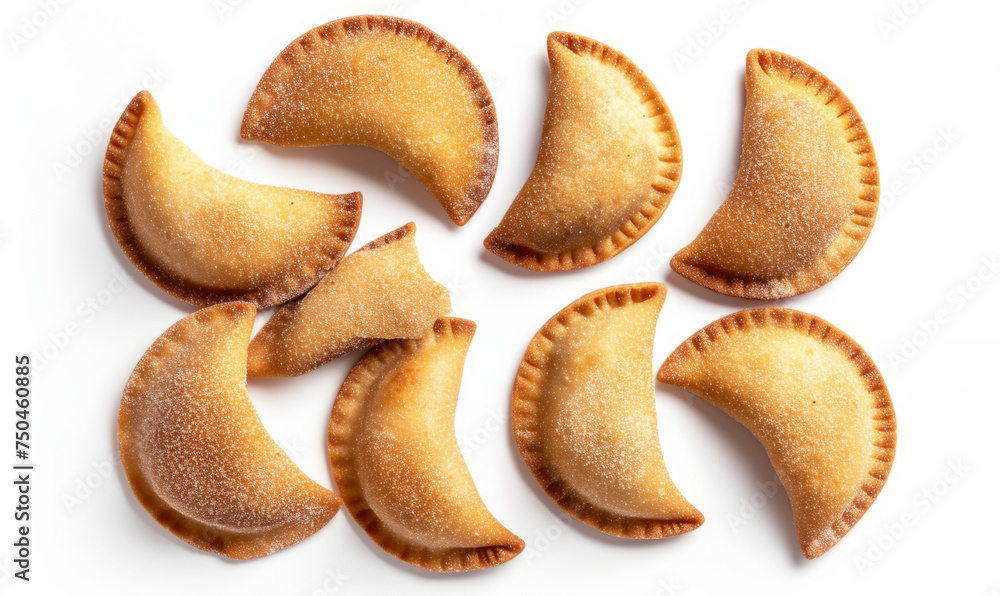 Qatayef, crescent-shaped pastries, top-down view isolated on white background. Arabic dessert concept. Design for a sweets cookbook, Ramadan food article, cultural food festival brochure