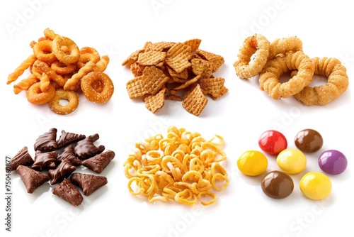 A variety of snacks and candies on a white surface. Perfect for food and confectionery concepts