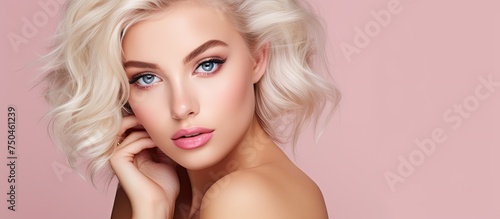 Stunning Blonde Model Showcasing Vibrant Makeup Look with Blue eyes and Pink Lips