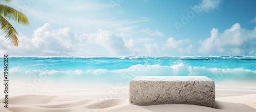 Tranquil Beach Scene with Stone Podium and Palm Tree - Serenity in Nature photo