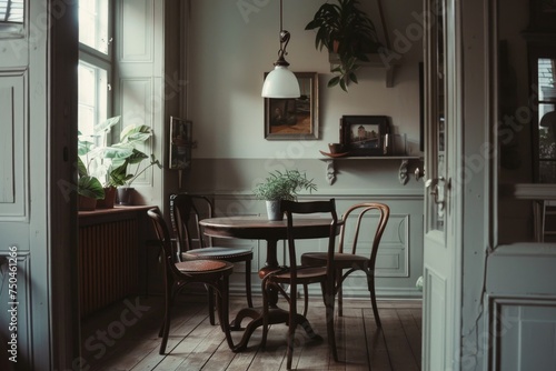 A simple setup of a small table and chairs. Suitable for interior design concepts