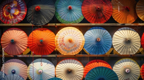 Various colored umbrellas neatly displayed on a shelf. Suitable for retail or weather-related concepts