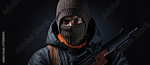 Dangerous Criminal Concealed in Balaclava Holding Gun and Staring Intensely at Camera