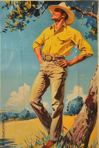 cowboy wearing yellow western shirt and boots leaning against tree vintage americana poster with folds photo