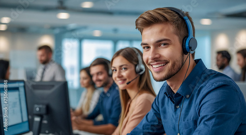 Call center employees work in corporate offices, wear headsets, and use laptop computers to talk and provide telephone service to customers at work.