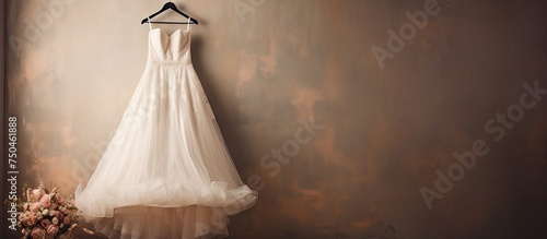 Elegant White Wedding Dress Suspended on Decorative Wall Display photo