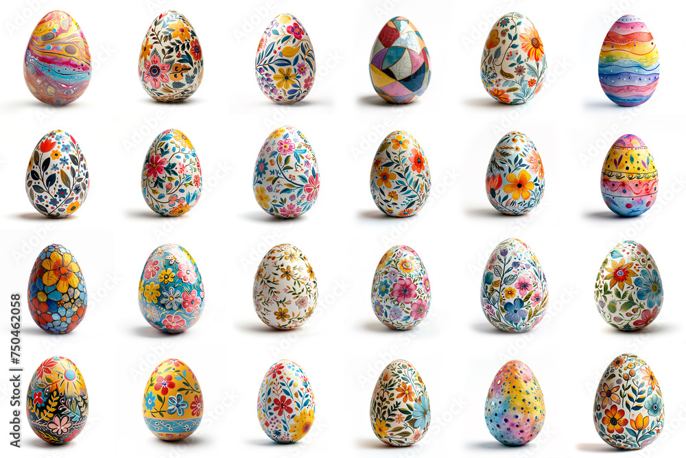 Collage of delicately handpainted Easter eggs on white