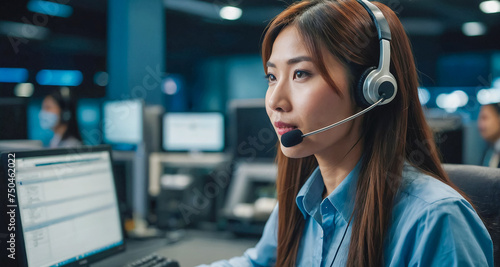 Beautiful Asian call center woman working in a company office, wearing a headset and using a laptop computer to talk and provide telephone service to customers at work.