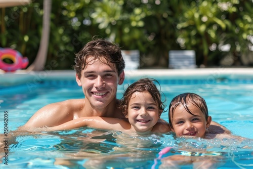 happy dad with his children swimming in the pool on a summer day on vacation at the resort 