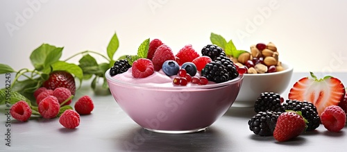 Vibrant Fresh Fruit  Berries  and Nuts Displayed in Artistic Array on White Background