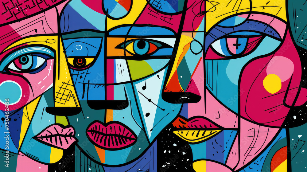 Fototapeta premium Abstract cubism face in black and white with bright splashes of raspberry, sky blue, lime, red and periwinkle, retro colors. Illustration for creative design