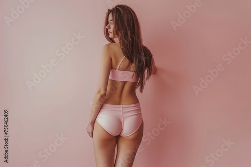 Woman in pink underwear standing in front of a pink wall. Perfect for fashion or lifestyle concepts