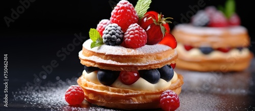Delicate French Pastry Topped with Fresh Berries and Sweet Powder in Macro Detail