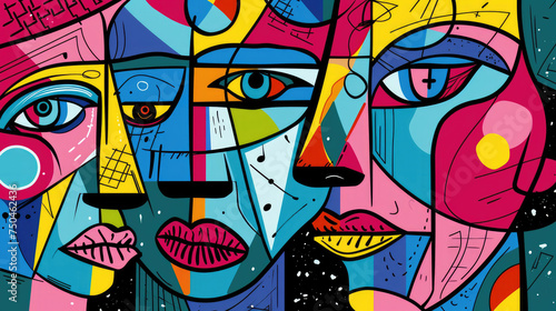 Abstract cubism face in black and white with bright splashes of raspberry, sky blue, lime, red and periwinkle, retro colors. Illustration for creative design