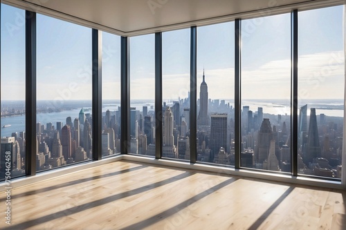 Empty interior from high-rise window showcasing expensive real estate with cityscape of skyscrapers in Midtown NYC at daytime