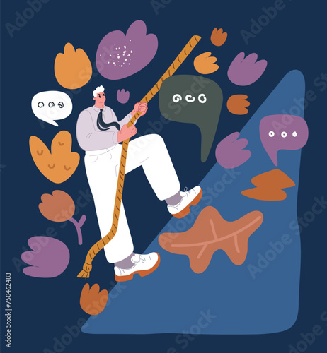 Cartoon vector illustration of businessman climbing toward to top of mountain