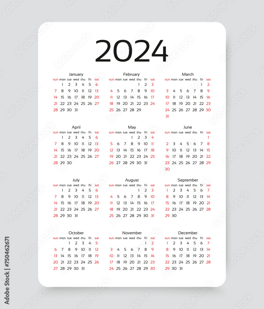 Calendar for 2024 year. Calender layout. Week starts Sunday. Desk planner template with 12 months. Yearly organizer grid. Monthly diary in minimal style, English. Vector illustration. Simple design Calendar for 2024 year. Calender layout. Week starts Sunday. Desk planner template with 12 months. Yearly organizer grid. Monthly diary in minimal style, English. Vector illustration. Simple design