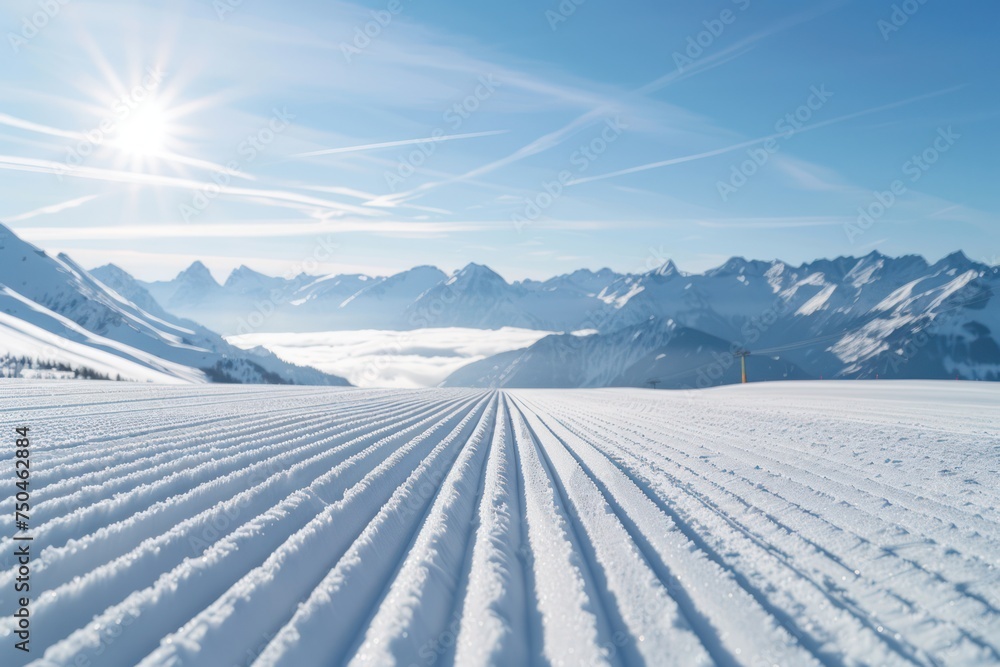 New groomed ski piste or slope. Lines in snow with sunny mountains background. Winter skis concept. 