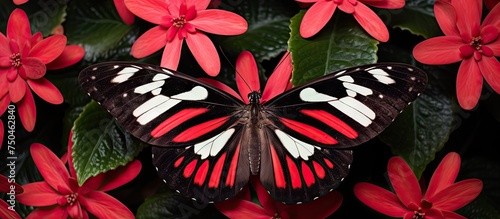 Vibrant Artificial Butterfly Resting on Colorful Garden Flowers - Top View Close-Up © HN Works